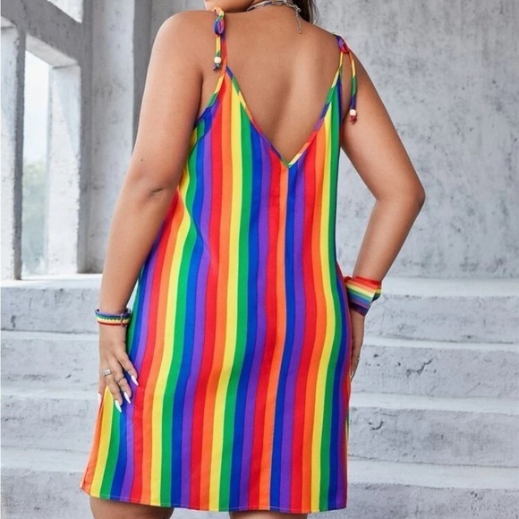 Casual Rainbow Striped Tie Shoulder Cami Dress. - Picture 2 of 10